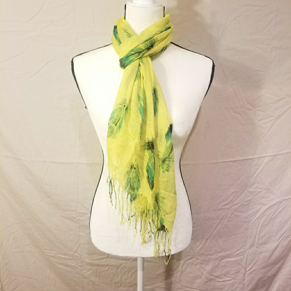 Yellow & Green Feathers Pashmina Wrap Scarf